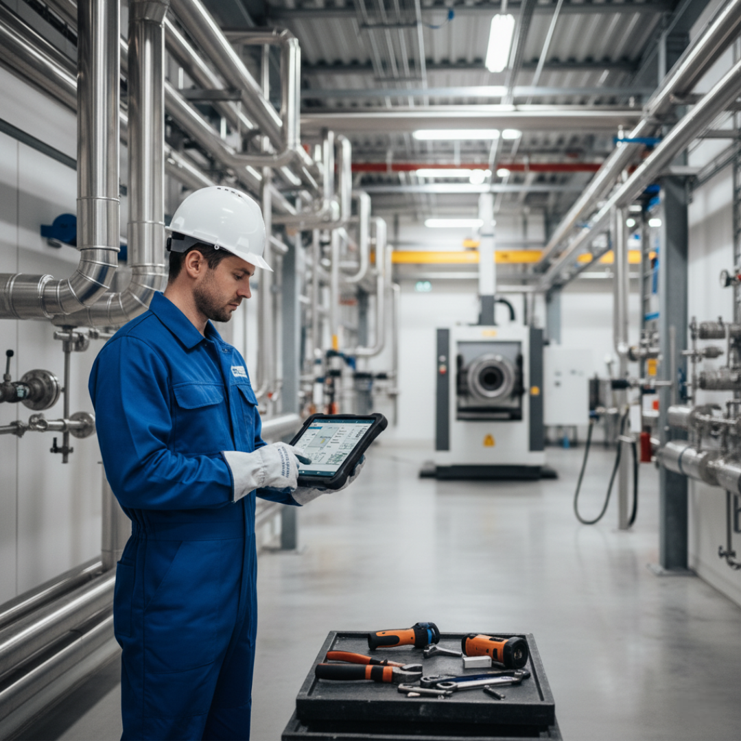 técnico con tablet usando software especializado para servicios técnicos